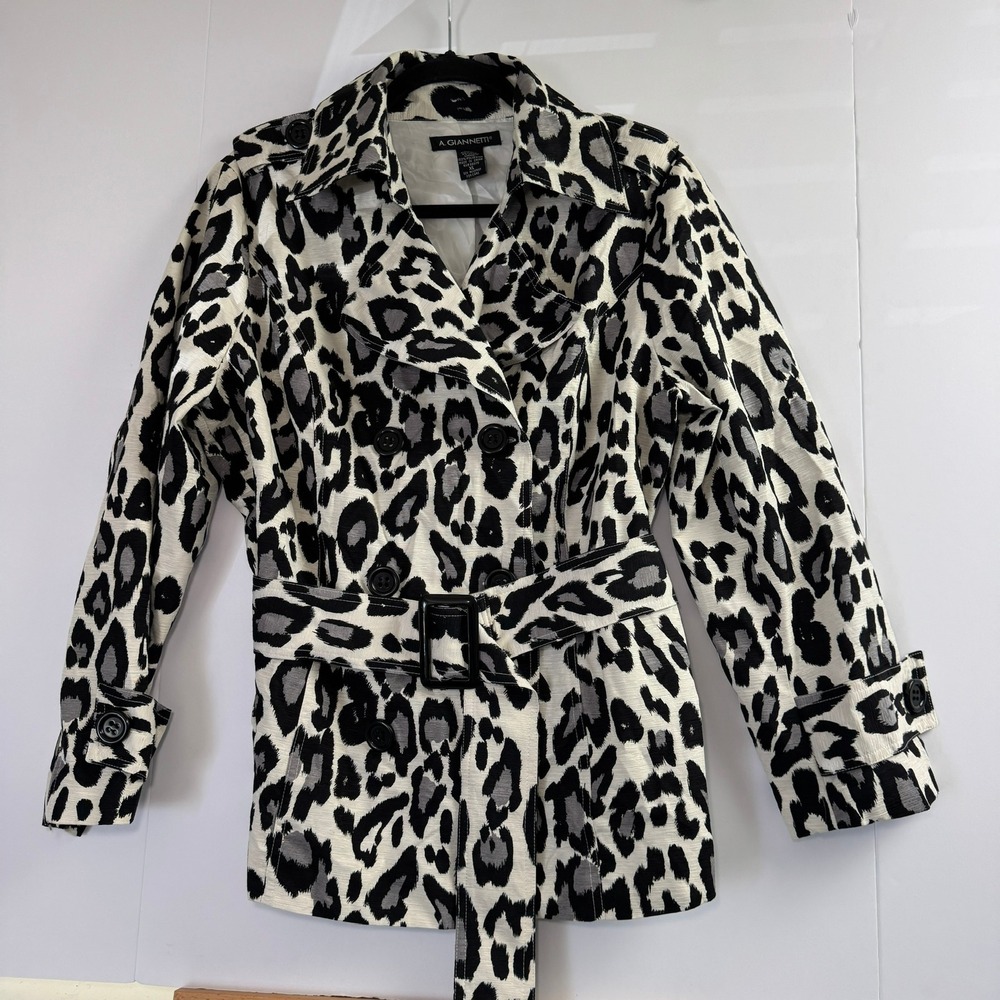 A. Giannetti Leopard Print Silk Blend Belted Jacket XL Black White Grey